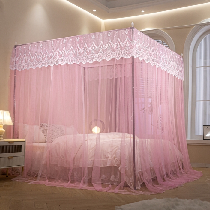 91家纺网 家纺一手货源 找家纺 永旺家纺 2026新款加密帐纱唯美花边宫廷蚊帐-凤羽 蜜桃粉