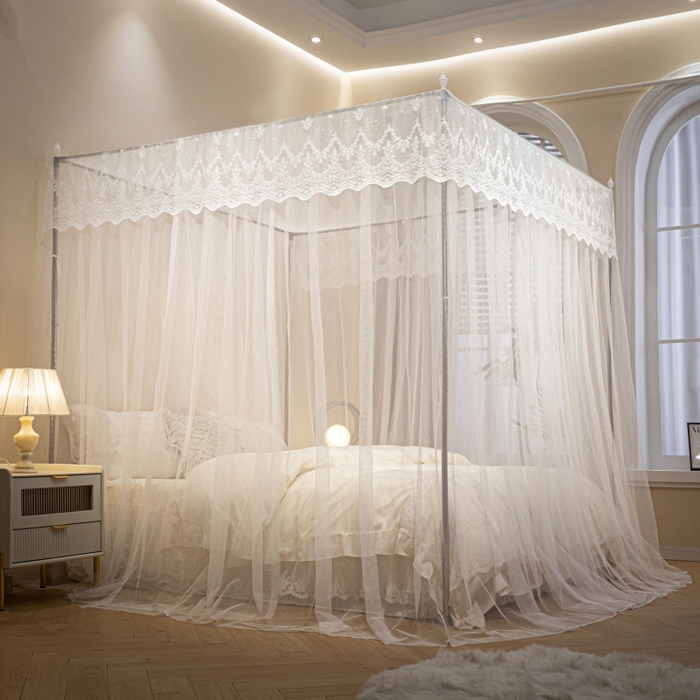 91家纺网 家纺一手货源 找家纺 永旺家纺 2026新款加密帐纱唯美花边宫廷蚊帐-凤羽 象牙白
