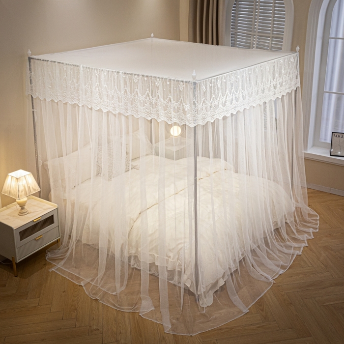 91家纺网 家纺一手货源 找家纺 永旺家纺 2026新款加密帐纱唯美花边宫廷蚊帐-凤羽 象牙白