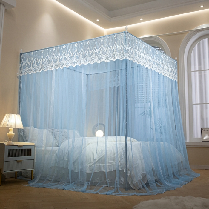 91家纺网 家纺一手货源 找家纺 永旺家纺 2026新款加密帐纱唯美花边宫廷蚊帐-凤羽 天蓝