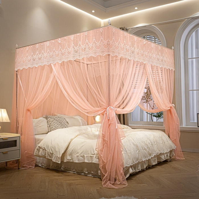 永旺家纺 2026新款加密帐纱唯美花边宫廷蚊帐-凤羽 粉玉