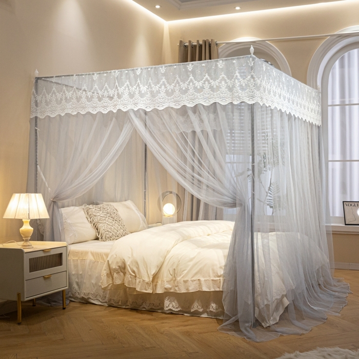 91家纺网 家纺一手货源 找家纺 永旺家纺 2026新款加密帐纱唯美花边宫廷蚊帐-凤羽 轻奢灰