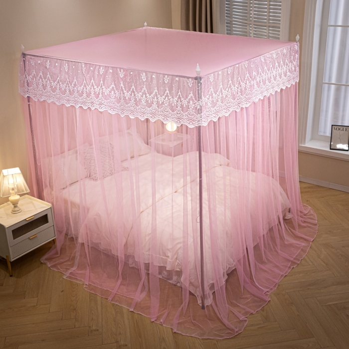 91家纺网 家纺一手货源 找家纺 永旺家纺 2026新款加密帐纱唯美花边宫廷蚊帐-凤羽 蜜桃粉