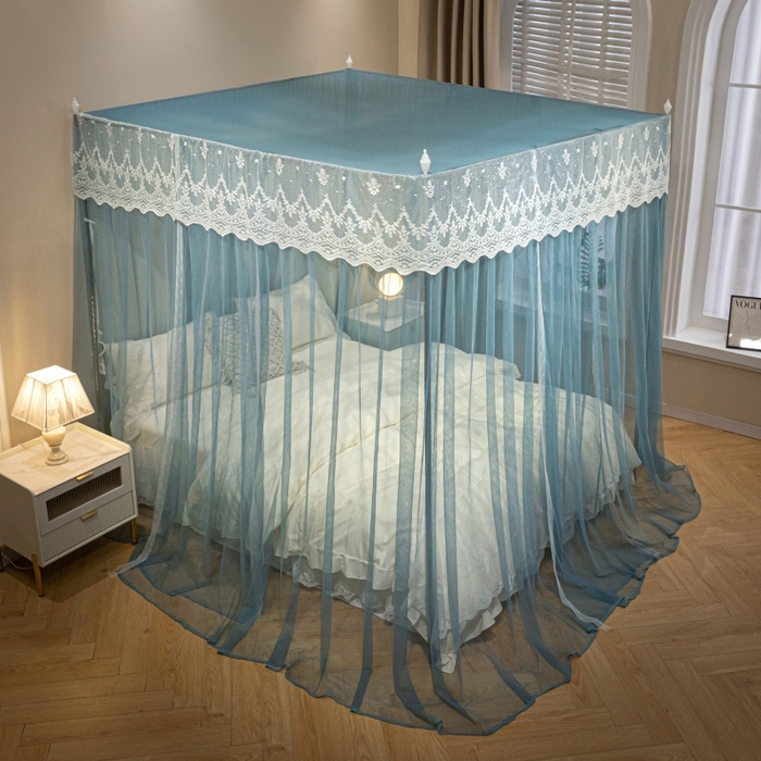 91家纺网 家纺一手货源 找家纺 永旺家纺 2026新款加密帐纱唯美花边宫廷蚊帐-凤羽 海洋蓝