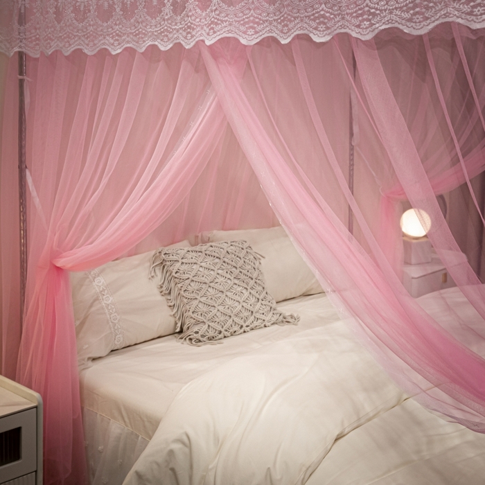 91家纺网 家纺一手货源 找家纺 永旺家纺 2026新款加密帐纱唯美花边宫廷蚊帐-凤羽 蜜桃粉