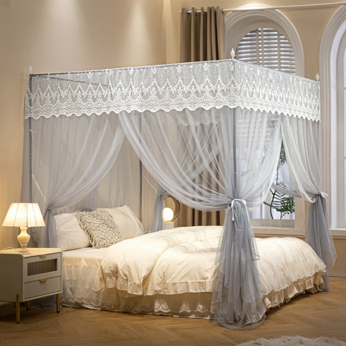 91家纺网 家纺一手货源 找家纺 永旺家纺 2026新款加密帐纱唯美花边宫廷蚊帐-凤羽 轻奢灰