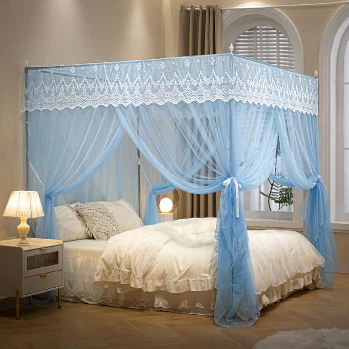 91家纺网 家纺一手货源 找家纺 永旺家纺 2026新款加密帐纱唯美花边宫廷蚊帐-凤羽 天蓝