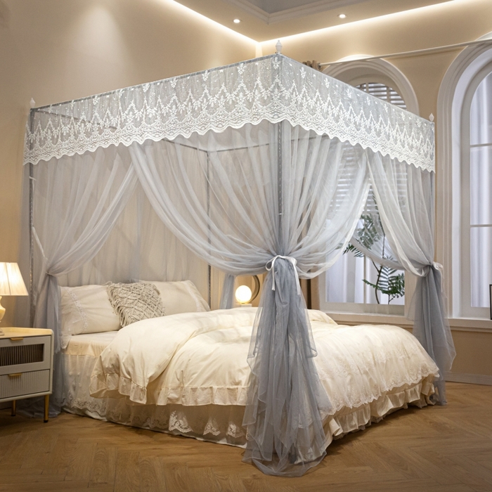 91家纺网 家纺一手货源 找家纺 永旺家纺 2026新款加密帐纱唯美花边宫廷蚊帐-凤羽 轻奢灰