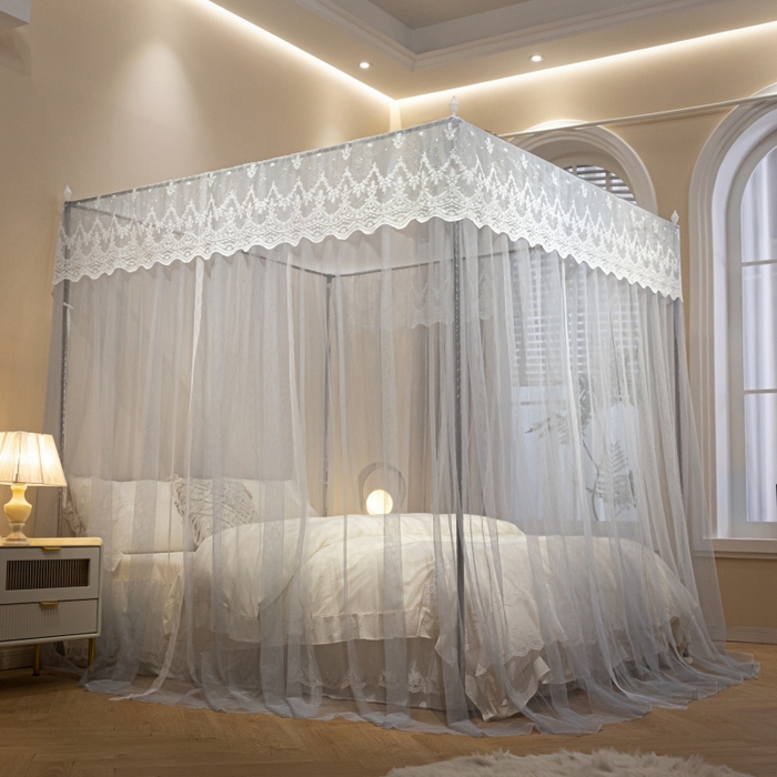 91家纺网 家纺一手货源 找家纺 永旺家纺 2026新款加密帐纱唯美花边宫廷蚊帐-凤羽 轻奢灰