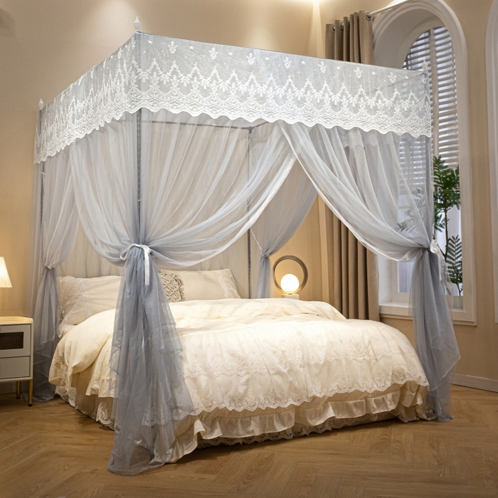 91家纺网 家纺一手货源 找家纺 永旺家纺 2026新款加密帐纱唯美花边宫廷蚊帐-凤羽 轻奢灰