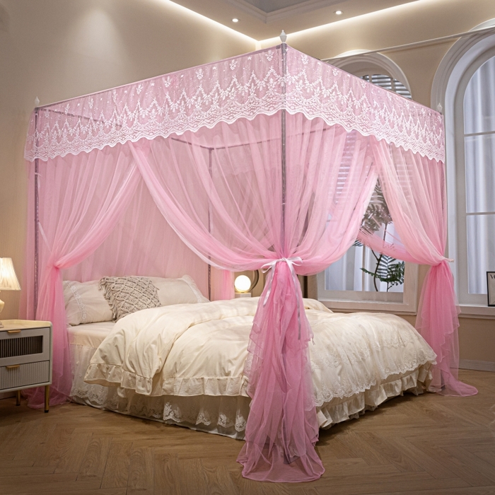 91家纺网 家纺一手货源 找家纺 永旺家纺 2026新款加密帐纱唯美花边宫廷蚊帐-凤羽 蜜桃粉