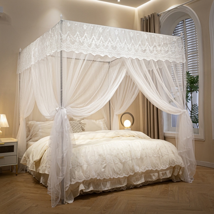 91家纺网 家纺一手货源 找家纺 永旺家纺 2026新款加密帐纱唯美花边宫廷蚊帐-凤羽 象牙白