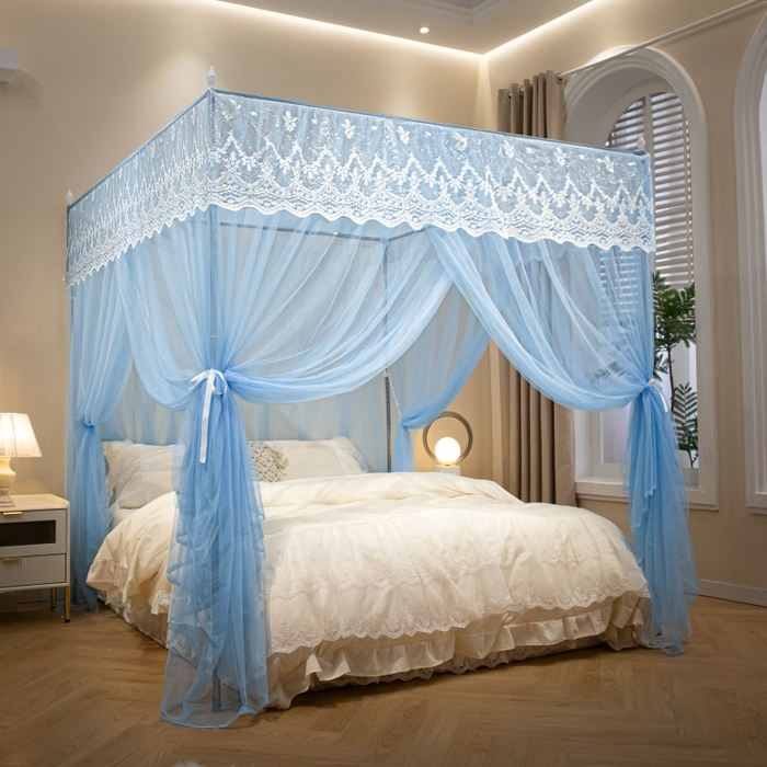 91家纺网 家纺一手货源 找家纺 永旺家纺 2026新款加密帐纱唯美花边宫廷蚊帐-凤羽 天蓝