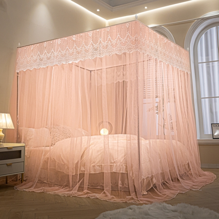 91家纺网 家纺一手货源 找家纺 永旺家纺 2026新款加密帐纱唯美花边宫廷蚊帐-凤羽 粉玉