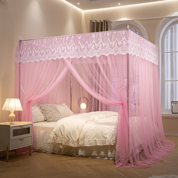 91家纺网 家纺一手货源 找家纺 永旺家纺 2026新款加密帐纱唯美花边宫廷蚊帐-凤羽 蜜桃粉