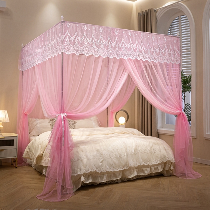 91家纺网 家纺一手货源 找家纺 永旺家纺 2026新款加密帐纱唯美花边宫廷蚊帐-凤羽 蜜桃粉