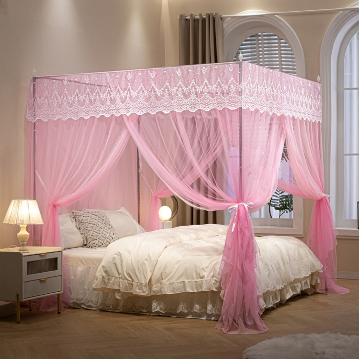 91家纺网 家纺一手货源 找家纺 永旺家纺 2026新款加密帐纱唯美花边宫廷蚊帐-凤羽 蜜桃粉