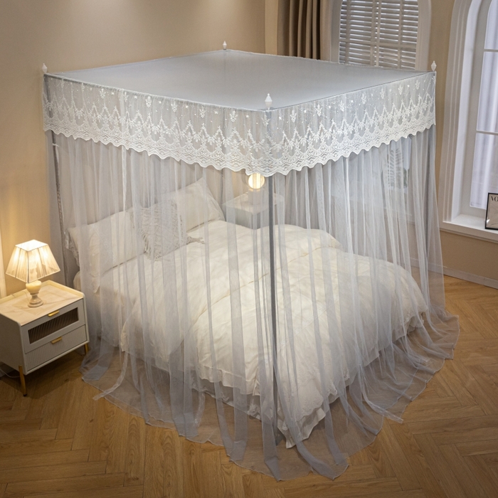 91家纺网 家纺一手货源 找家纺 永旺家纺 2026新款加密帐纱唯美花边宫廷蚊帐-凤羽 轻奢灰