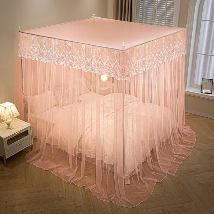 91家纺网 家纺一手货源 找家纺 永旺家纺 2026新款加密帐纱唯美花边宫廷蚊帐-凤羽 粉玉