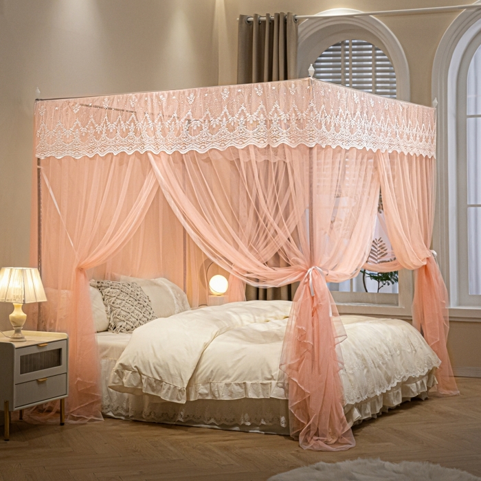 91家纺网 家纺一手货源 找家纺 永旺家纺 2026新款加密帐纱唯美花边宫廷蚊帐-凤羽 粉玉