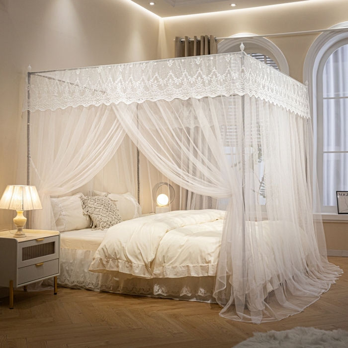 91家纺网 家纺一手货源 找家纺 永旺家纺 2026新款加密帐纱唯美花边宫廷蚊帐-凤羽 象牙白