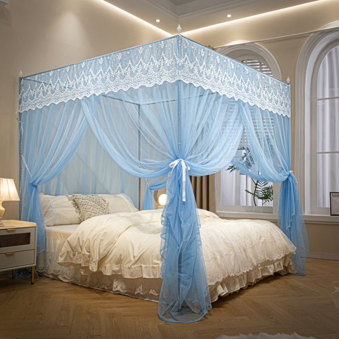 91家纺网 家纺一手货源 找家纺 永旺家纺 2026新款加密帐纱唯美花边宫廷蚊帐-凤羽 天蓝