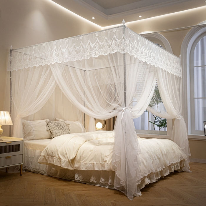 91家纺网 家纺一手货源 找家纺 永旺家纺 2026新款加密帐纱唯美花边宫廷蚊帐-凤羽 象牙白