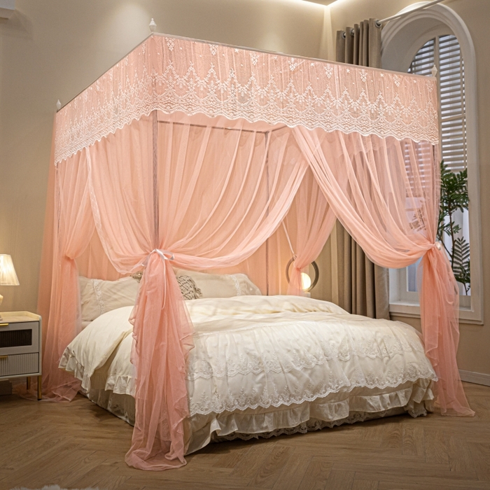 91家纺网 家纺一手货源 找家纺 永旺家纺 2026新款加密帐纱唯美花边宫廷蚊帐-凤羽 粉玉