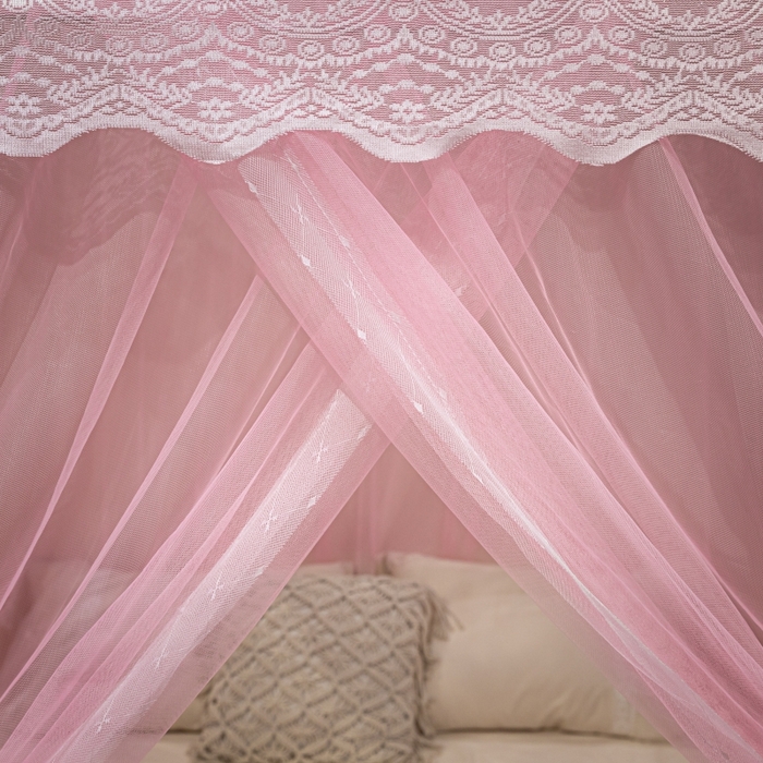 91家纺网 家纺一手货源 找家纺 永旺家纺 2026新款加密帐纱唯美花边宫廷蚊帐-凤羽 蜜桃粉