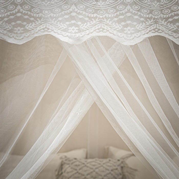 91家纺网 家纺一手货源 找家纺 永旺家纺 2026新款加密帐纱唯美花边宫廷蚊帐-凤羽 象牙白