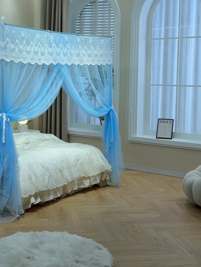 91家纺网 家纺一手货源 找家纺 永旺家纺 2026新款加密帐纱唯美花边宫廷蚊帐-凤羽 天蓝