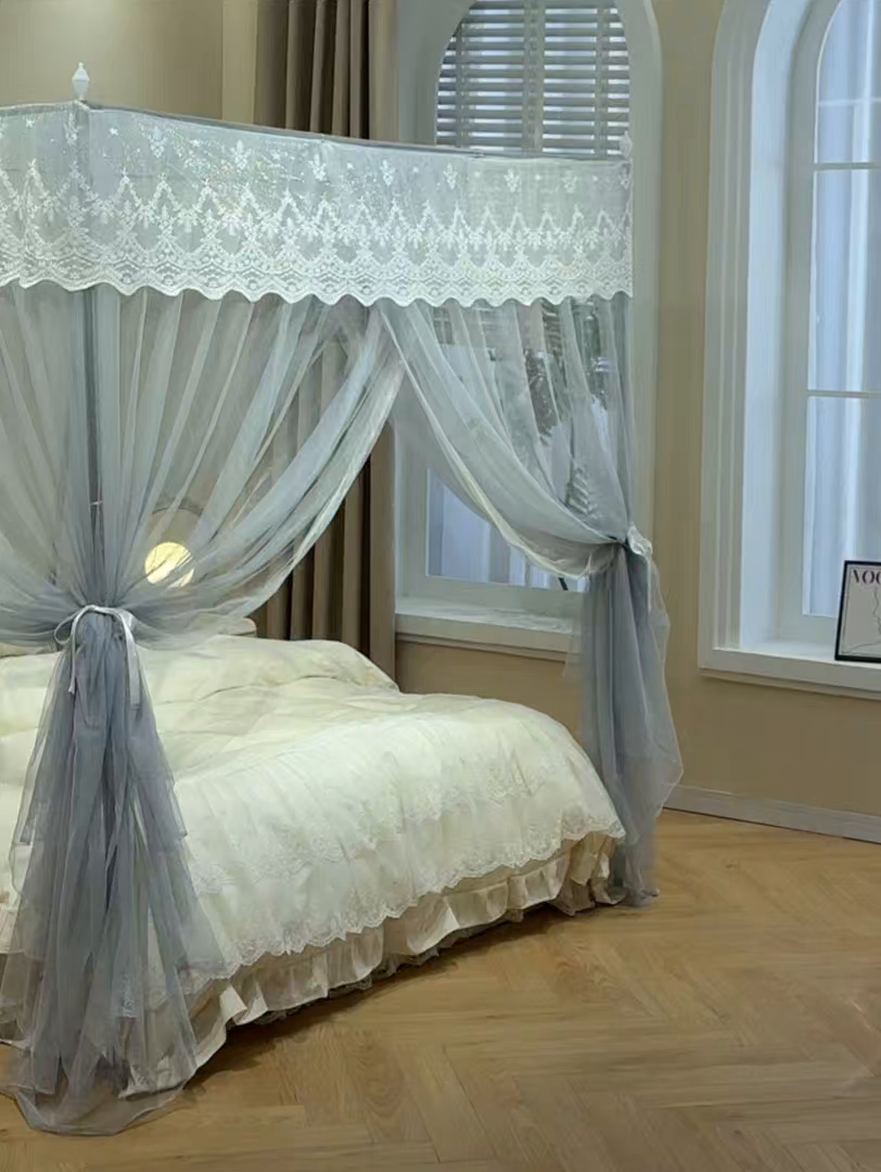 91家纺网 家纺一手货源 找家纺 永旺家纺 2026新款加密帐纱唯美花边宫廷蚊帐-凤羽 轻奢灰