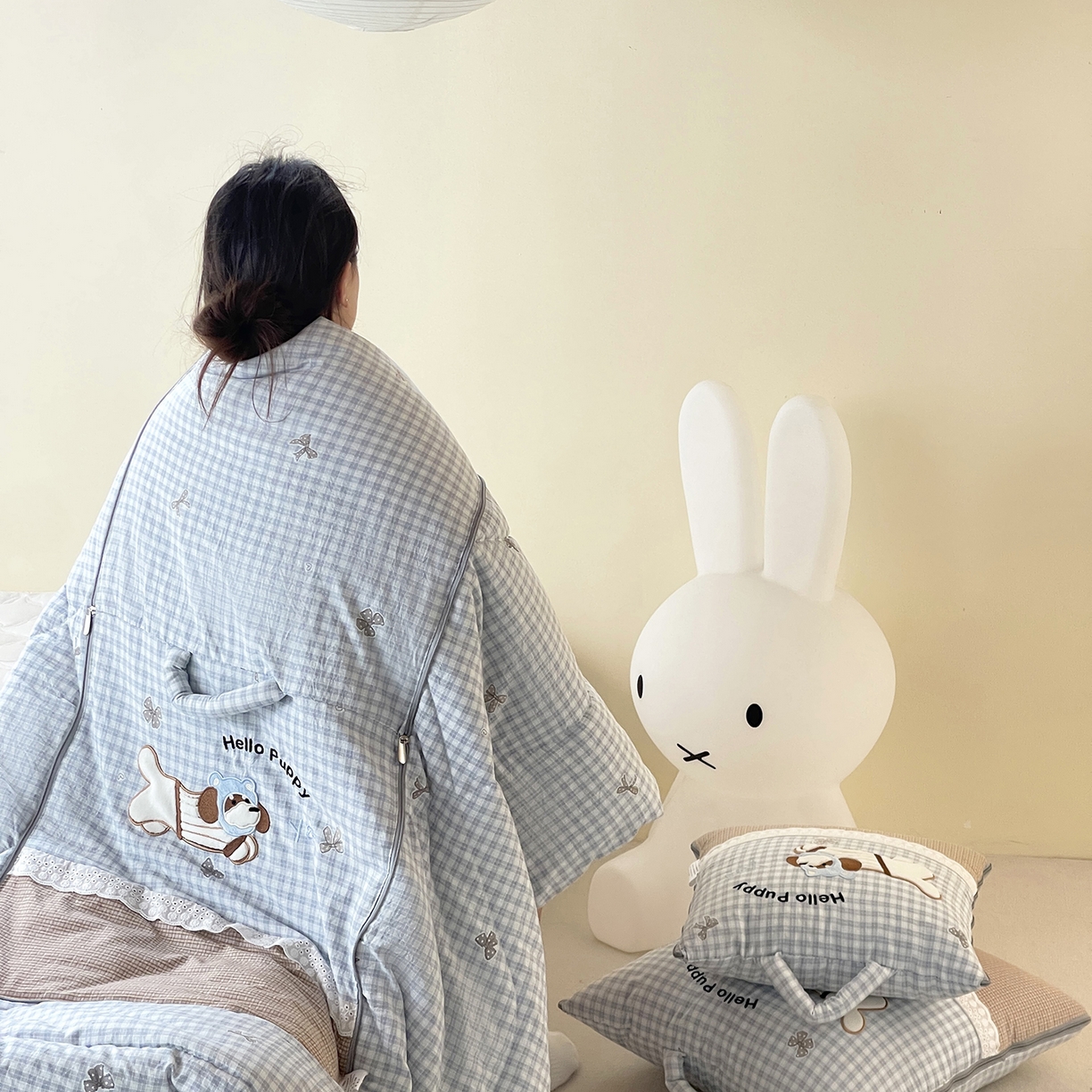 91家纺网 家纺一手货源 找家纺 （总）伊可爱抱枕被 2026新款四季款锦小棉仿棉蕾丝贴布绣抱枕被