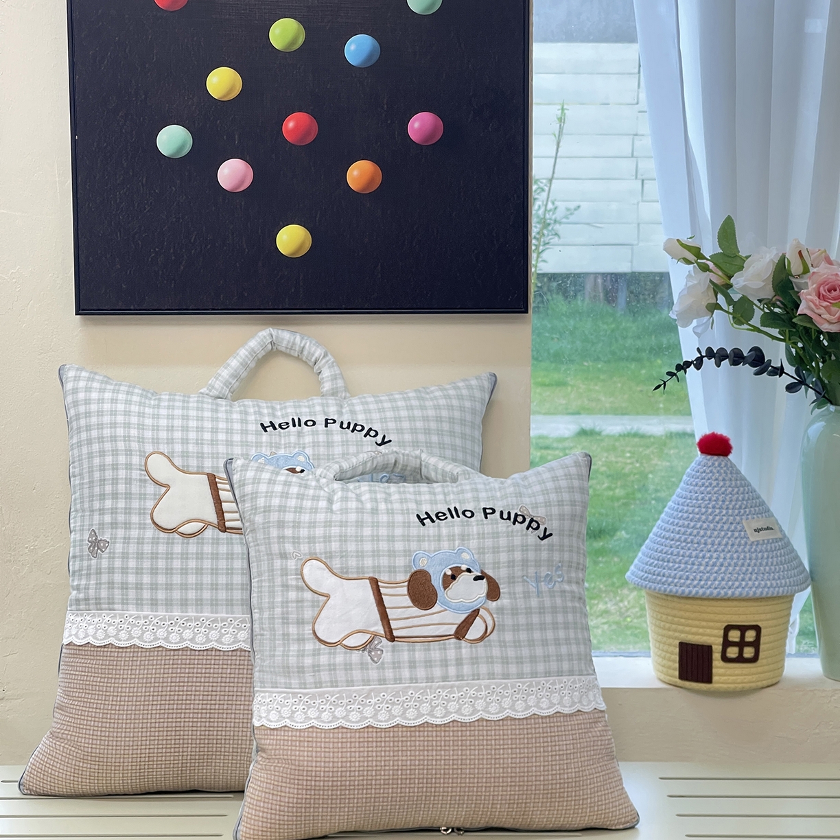 91家纺网 家纺一手货源 找家纺 伊可爱抱枕被 2026新款四季款锦小棉仿棉蕾丝贴布绣抱枕被 锦小绵-格绿