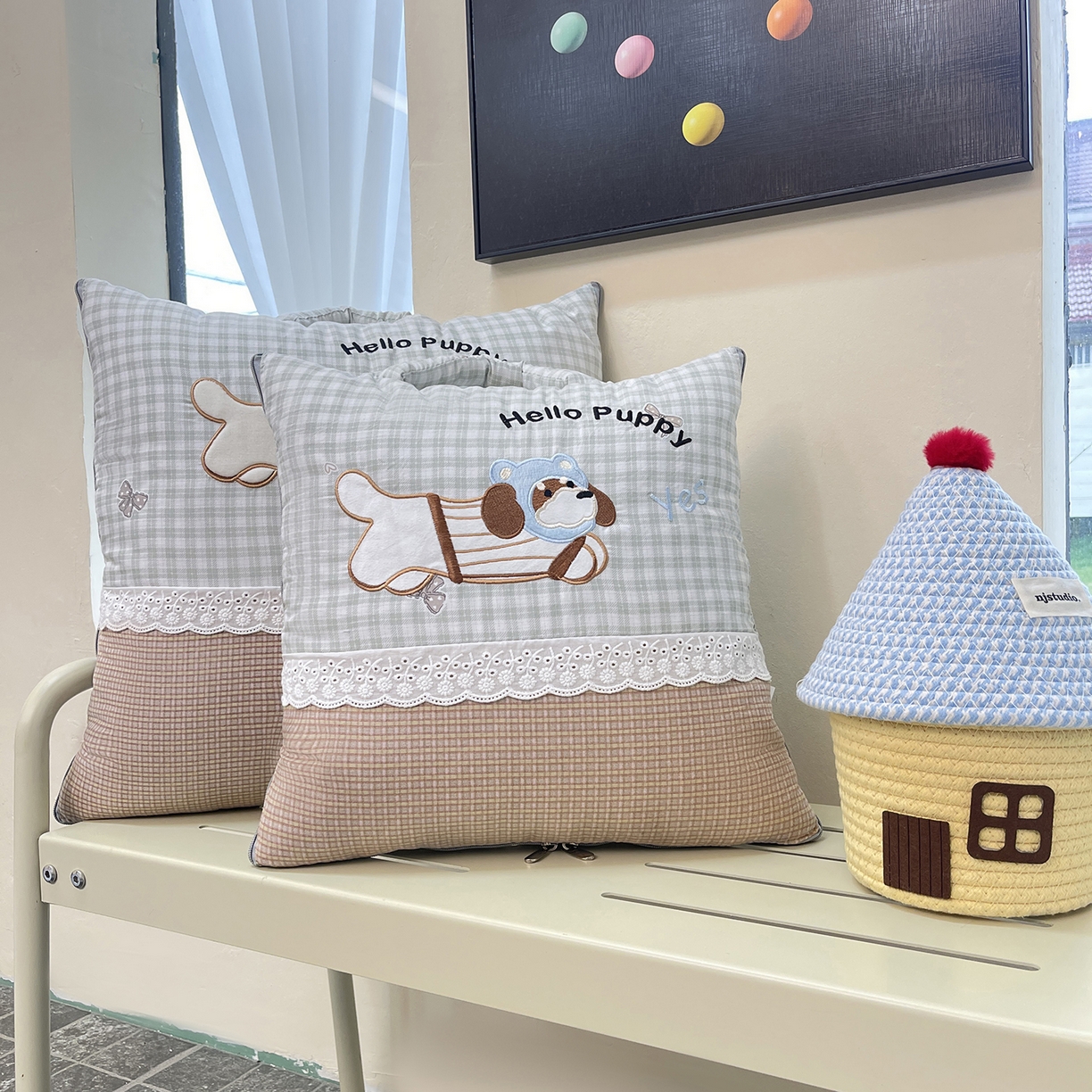 91家纺网 家纺一手货源 找家纺 伊可爱抱枕被 2026新款四季款锦小棉仿棉蕾丝贴布绣抱枕被 锦小绵-格绿