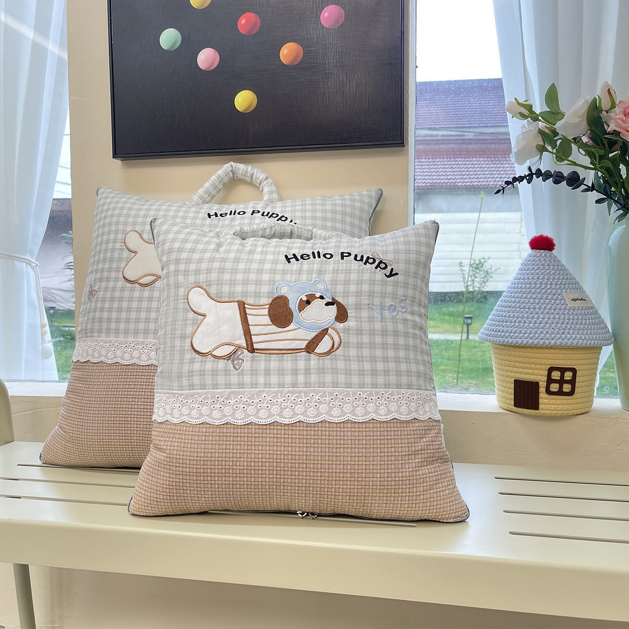 91家纺网 家纺一手货源 找家纺 伊可爱抱枕被 2026新款四季款锦小棉仿棉蕾丝贴布绣抱枕被 锦小绵-格绿