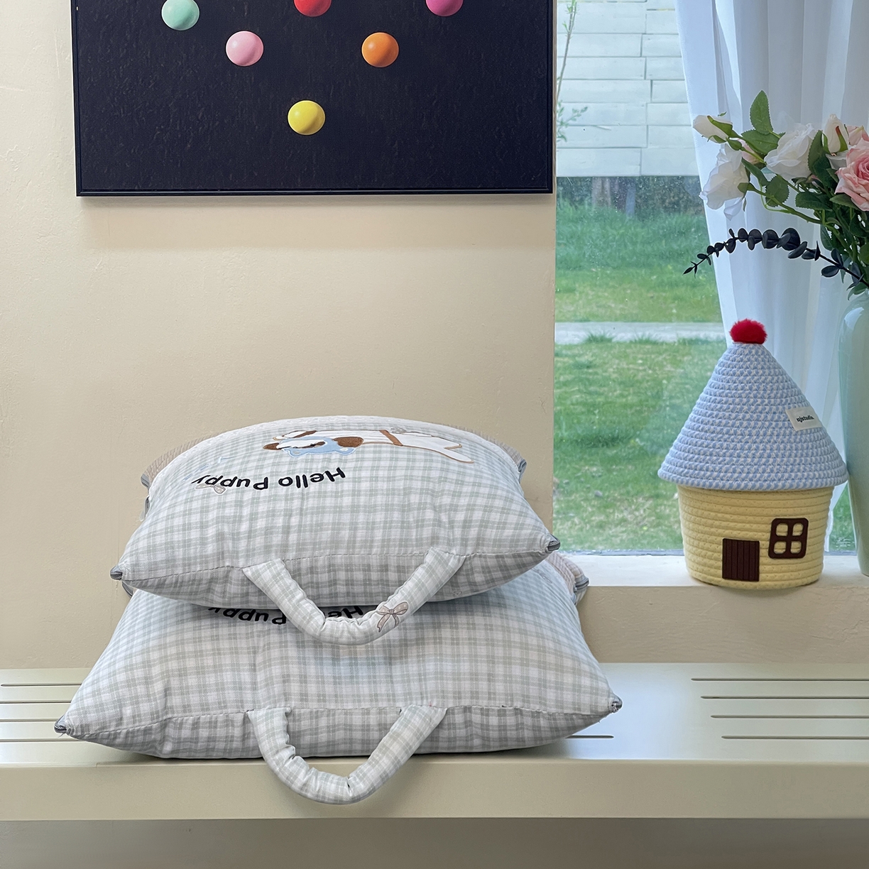 91家纺网 家纺一手货源 找家纺 伊可爱抱枕被 2026新款四季款锦小棉仿棉蕾丝贴布绣抱枕被 锦小绵-格绿