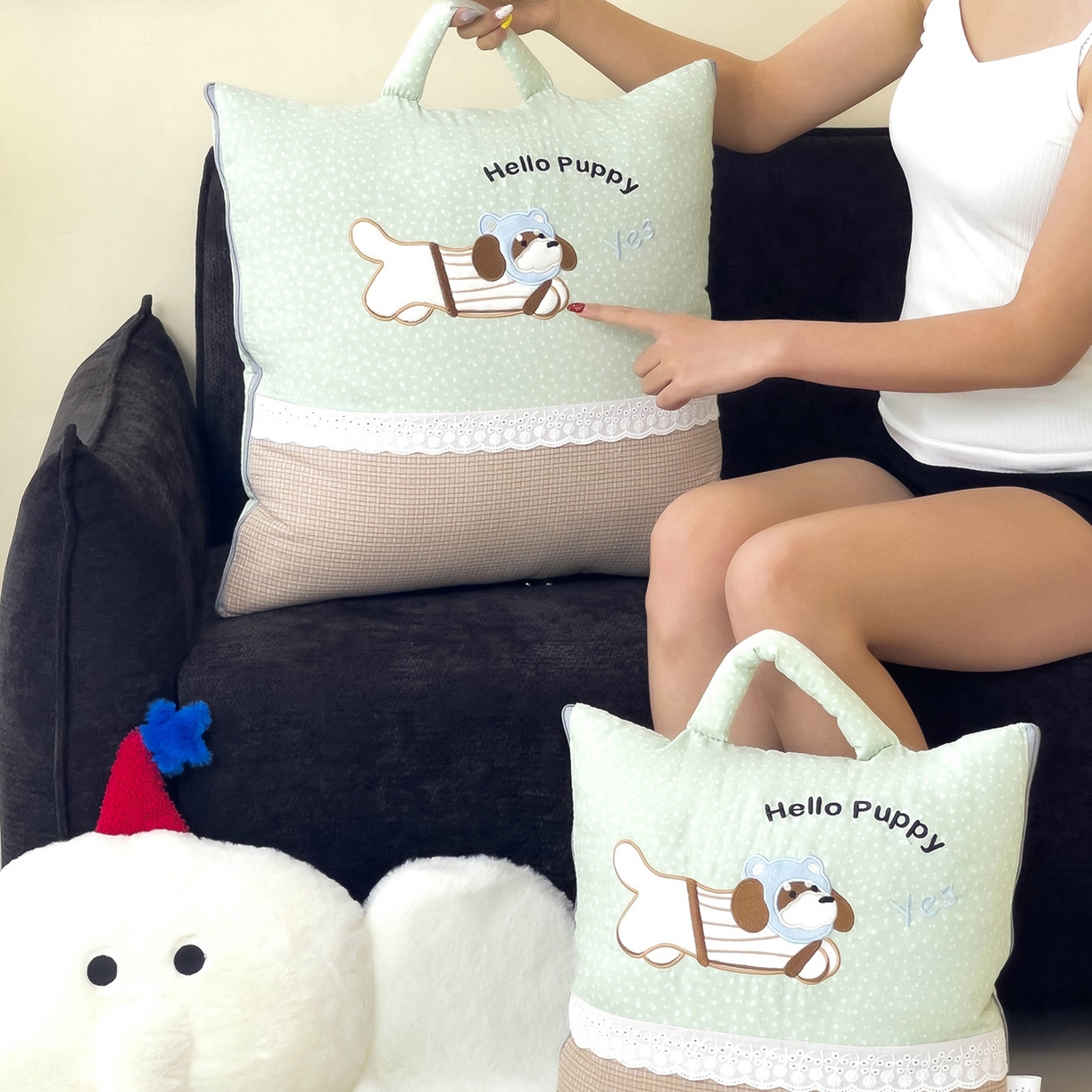 91家纺网 家纺一手货源 找家纺 伊可爱抱枕被 2026新款四季款锦小棉仿棉蕾丝贴布绣抱枕被 锦小绵-果绿