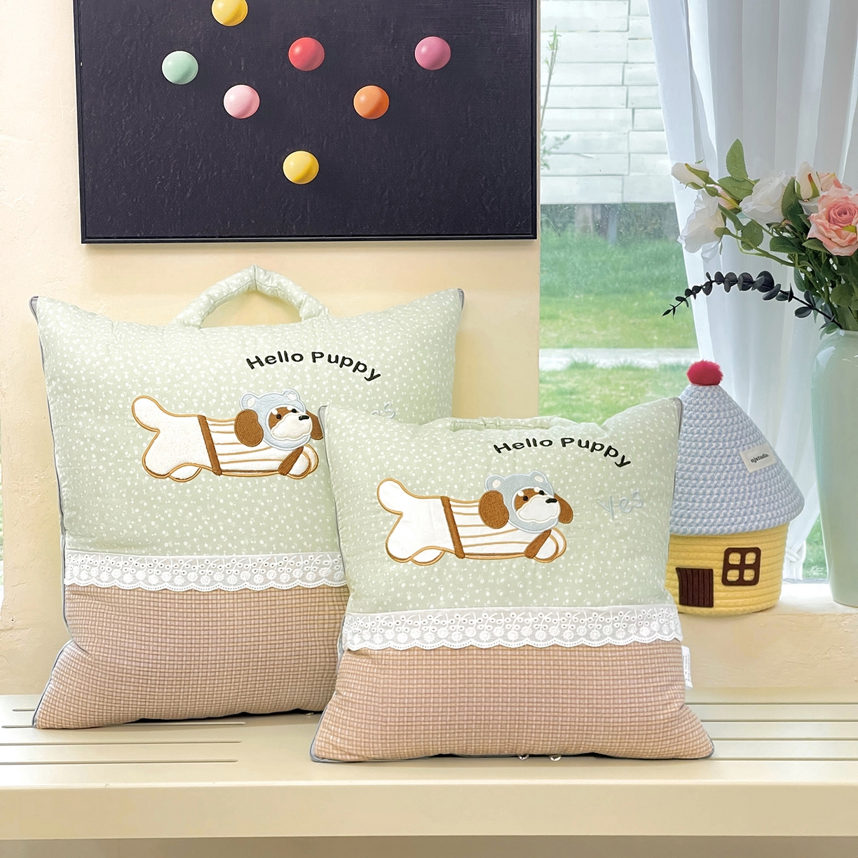 91家纺网 家纺一手货源 找家纺 伊可爱抱枕被 2026新款四季款锦小棉仿棉蕾丝贴布绣抱枕被 锦小绵-果绿