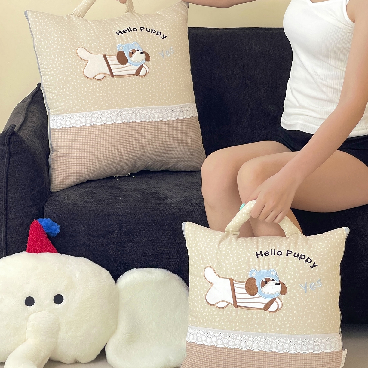 91家纺网 家纺一手货源 找家纺 伊可爱抱枕被 2026新款四季款锦小棉仿棉蕾丝贴布绣抱枕被 锦小绵-卡其