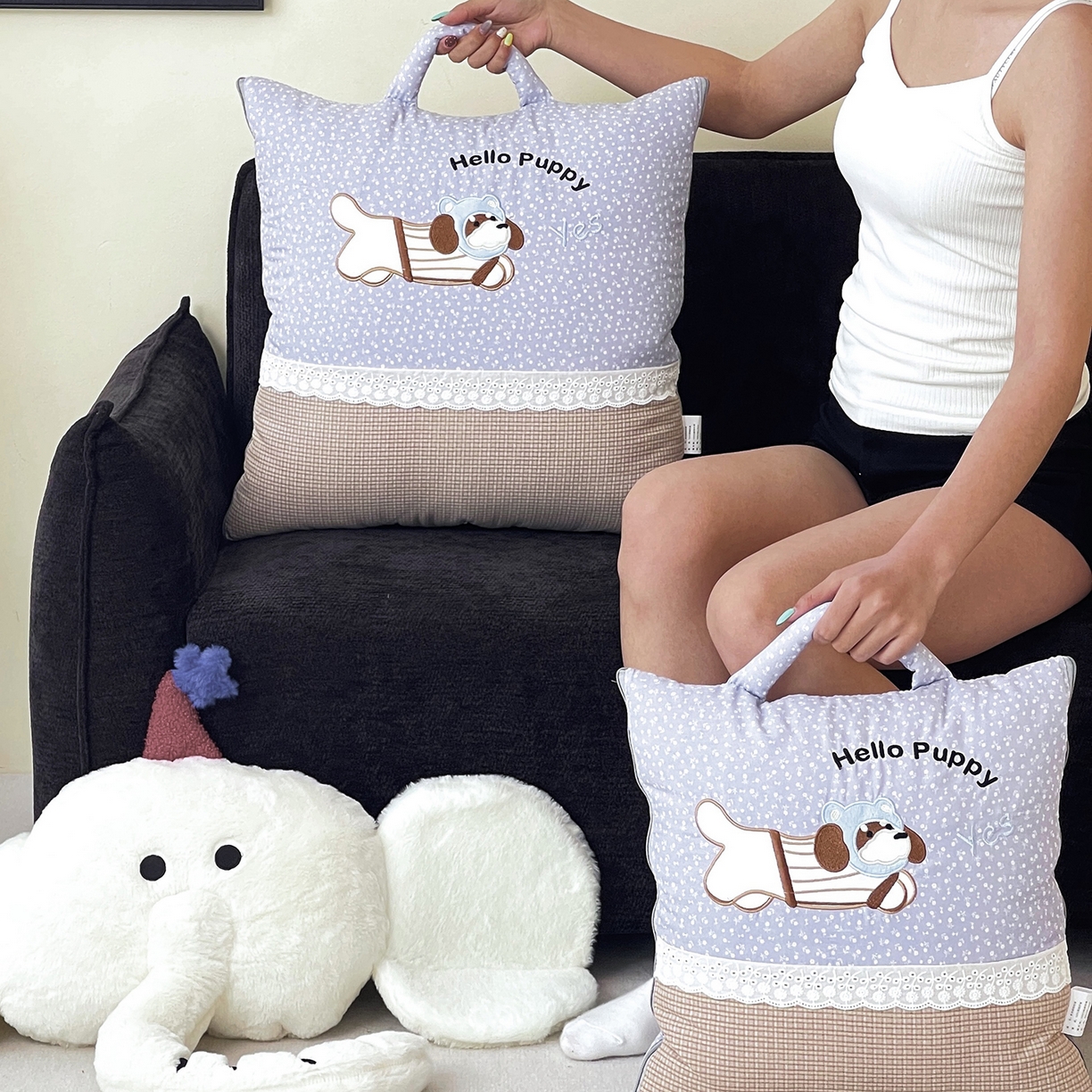 91家纺网 家纺一手货源 找家纺 伊可爱抱枕被 2026新款四季款锦小棉仿棉蕾丝贴布绣抱枕被 锦小绵-蓝灰