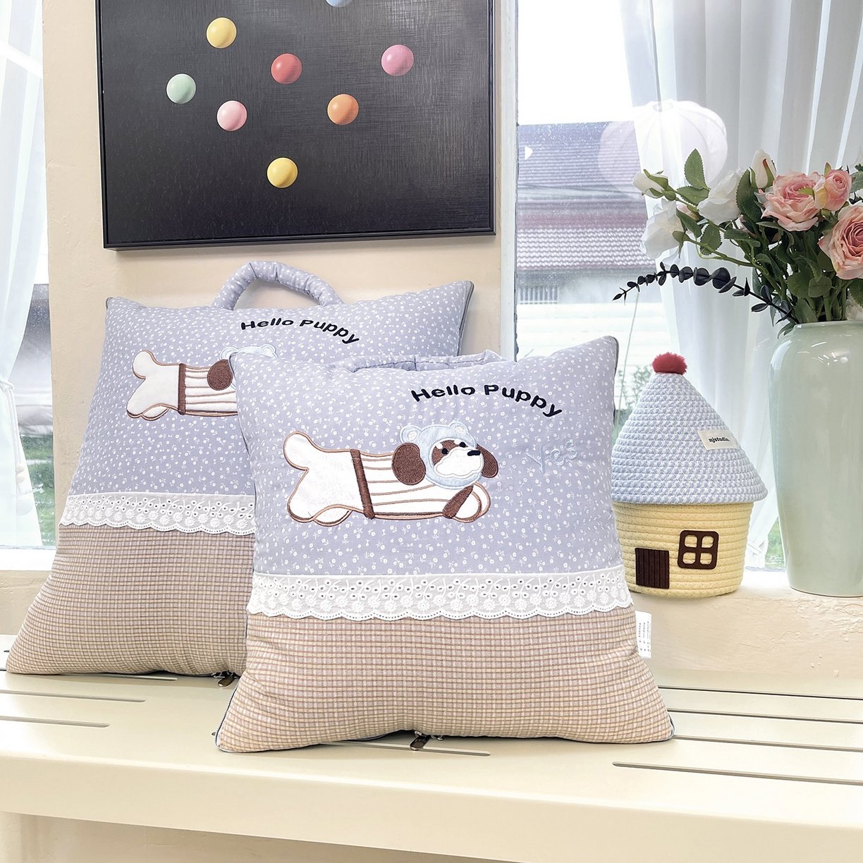 91家纺网 家纺一手货源 找家纺 伊可爱抱枕被 2026新款四季款锦小棉仿棉蕾丝贴布绣抱枕被 锦小绵-蓝灰