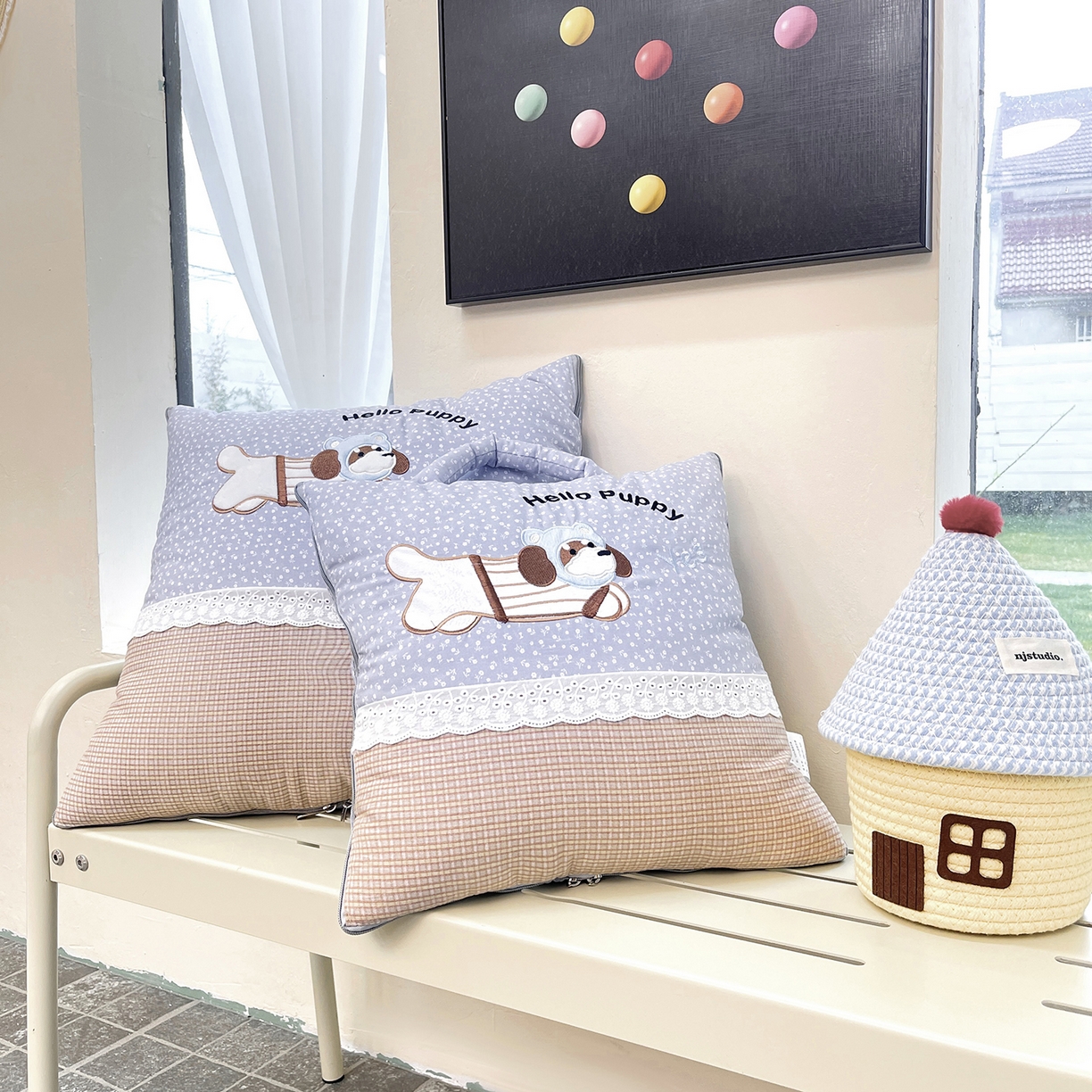 91家纺网 家纺一手货源 找家纺 伊可爱抱枕被 2026新款四季款锦小棉仿棉蕾丝贴布绣抱枕被 锦小绵-蓝灰