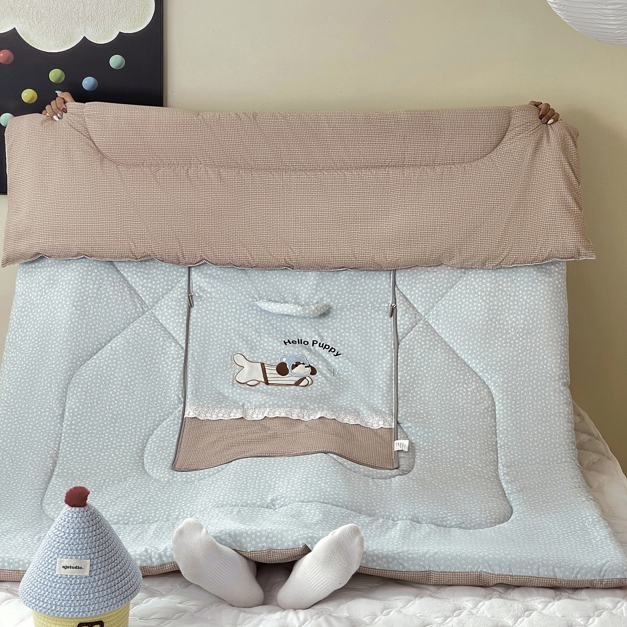 伊可爱抱枕被 2026新款四季款锦小棉仿棉蕾丝贴布绣抱枕被 锦小绵-浅蓝