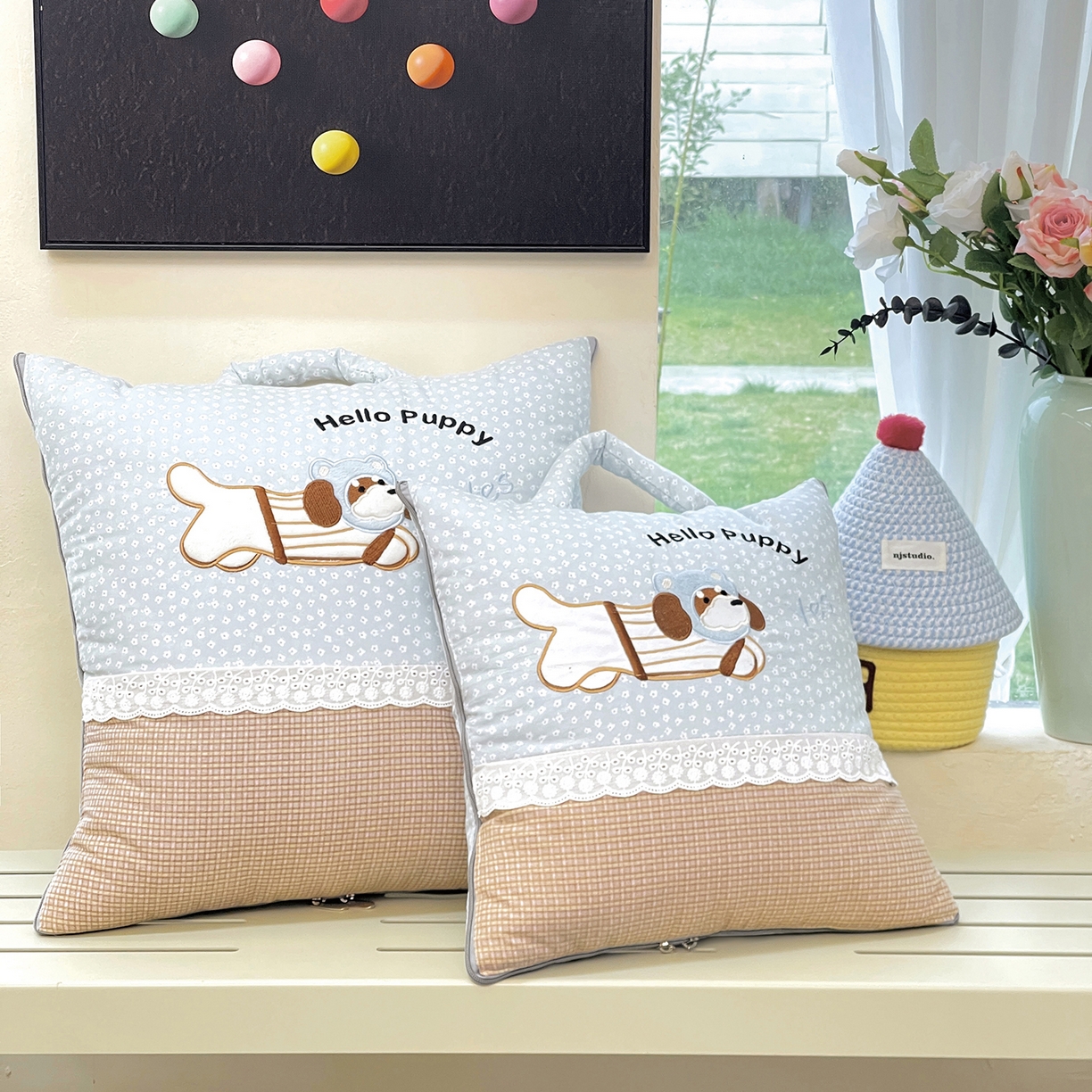 91家纺网 家纺一手货源 找家纺 伊可爱抱枕被 2026新款四季款锦小棉仿棉蕾丝贴布绣抱枕被 锦小绵-浅蓝