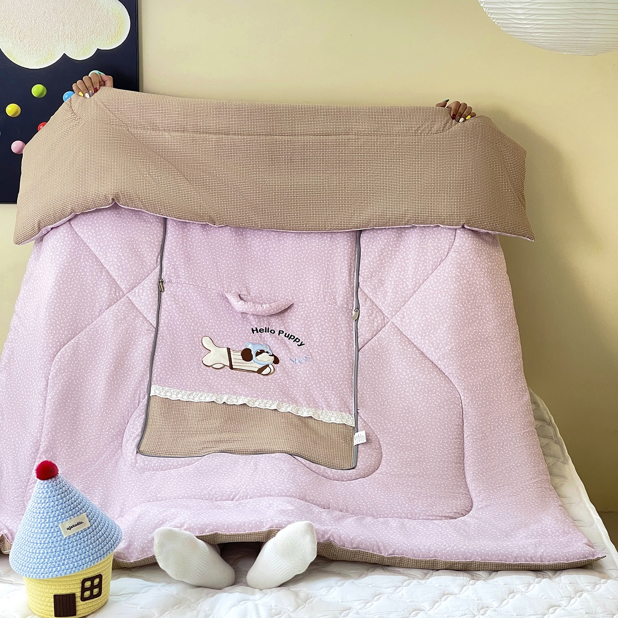 伊可爱抱枕被 2026新款四季款锦小棉仿棉蕾丝贴布绣抱枕被 锦小绵-紫粉