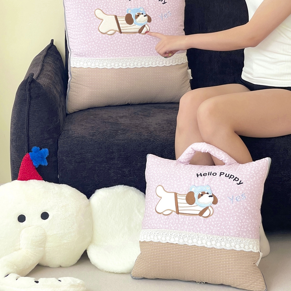 91家纺网 家纺一手货源 找家纺 伊可爱抱枕被 2026新款四季款锦小棉仿棉蕾丝贴布绣抱枕被 锦小绵-紫粉