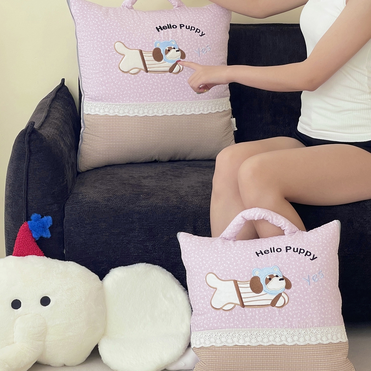 91家纺网 家纺一手货源 找家纺 伊可爱抱枕被 2026新款四季款锦小棉仿棉蕾丝贴布绣抱枕被 锦小绵-紫粉