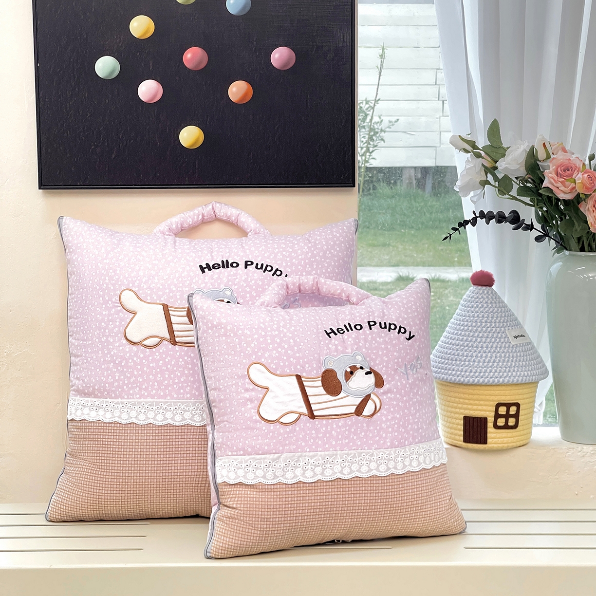 91家纺网 家纺一手货源 找家纺 伊可爱抱枕被 2026新款四季款锦小棉仿棉蕾丝贴布绣抱枕被 锦小绵-紫粉