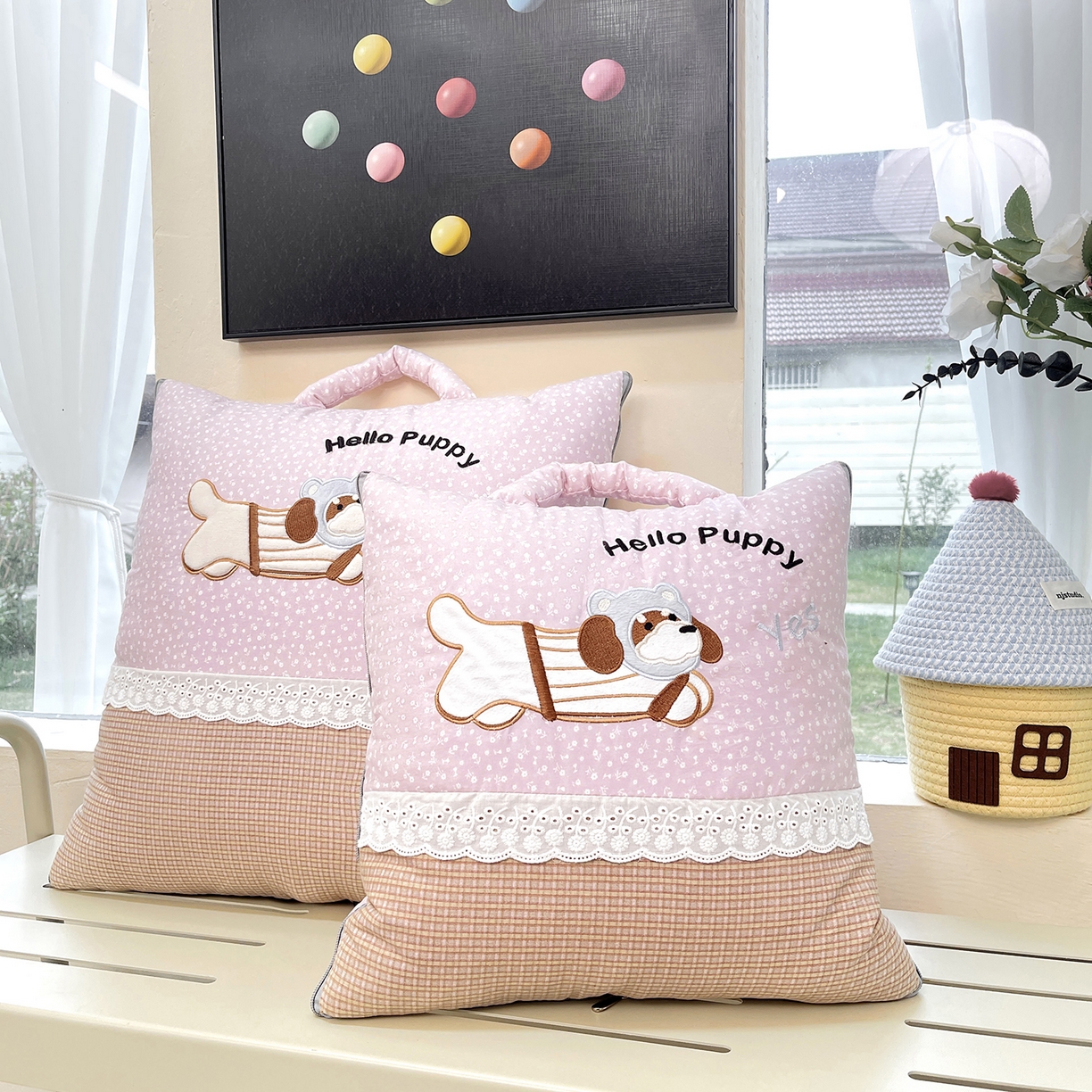 91家纺网 家纺一手货源 找家纺 伊可爱抱枕被 2026新款四季款锦小棉仿棉蕾丝贴布绣抱枕被 锦小绵-紫粉